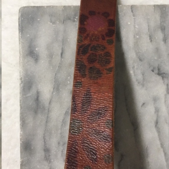 Lucky Brand Leather Floral Print Belt Tan Brown Bronze Buckle Boho Revival - Picture 6 of 11
